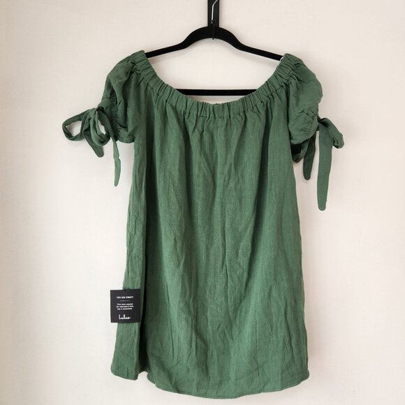 NWT Lulus Al Fresco Evenings Off the Shoulder Green Shift Dress Boho Women's M - Picture 3 of 7